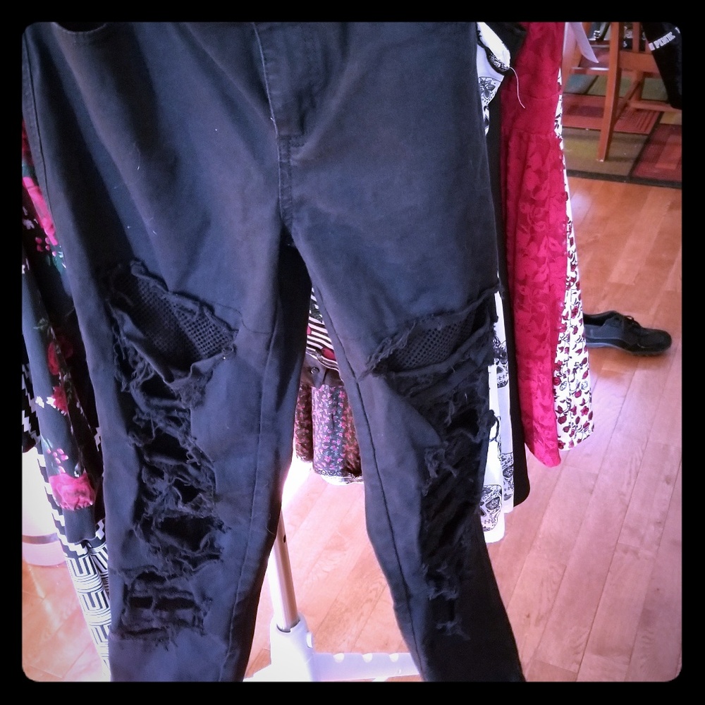 Royal bones black distressed pants fishnet
